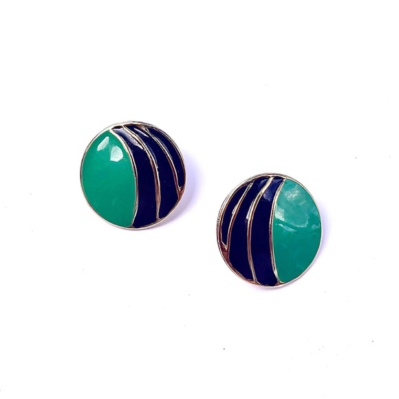 Vintage black, gold, and green circle stud push-back earrings - Picture 3 of 6